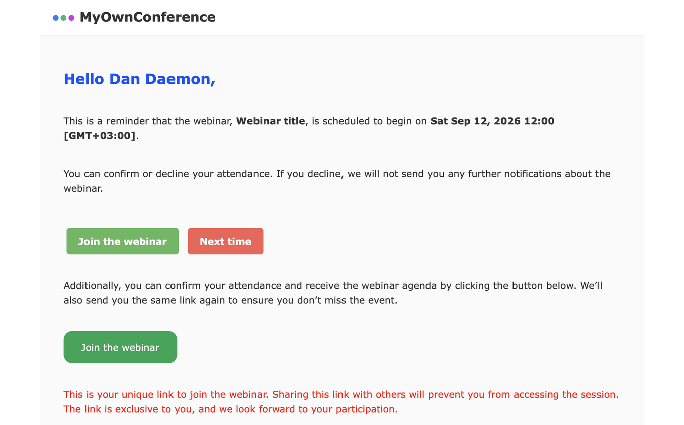 Письмо-напоминание о вебинаре с датой и временем начала, кнопками Join the webinar и Next time и предупреждением красным, что ссылка личная