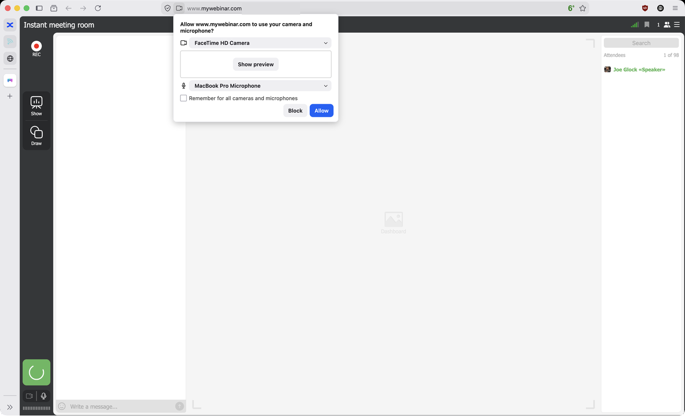 Firefox fragt, ob www.mywebinar.com Kamera und Mikrofon nutzen darf, mit Geräteauswahl und der Schaltfläche Allow