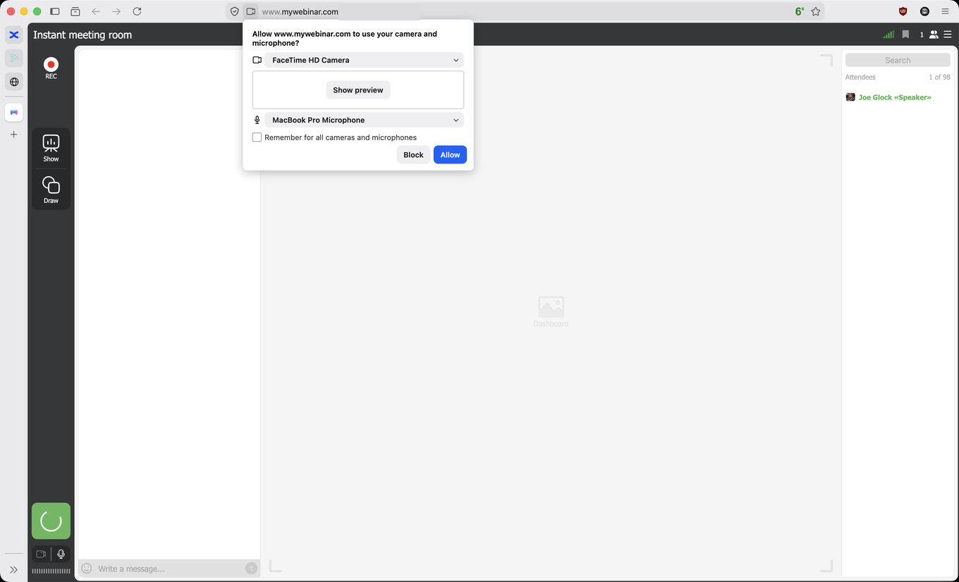 Firefox fragt, ob www.mywebinar.com Kamera und Mikrofon nutzen darf, mit Geräteauswahl und der Schaltfläche Allow