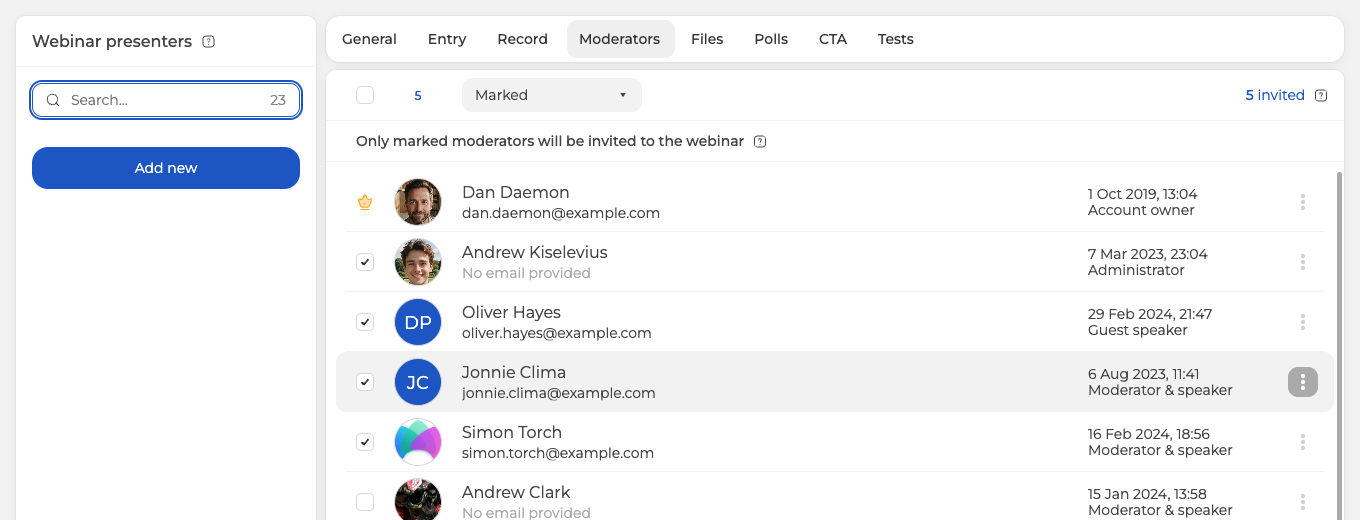 The Moderators tab listing account moderators, with the Add new button and the marked-only rule
