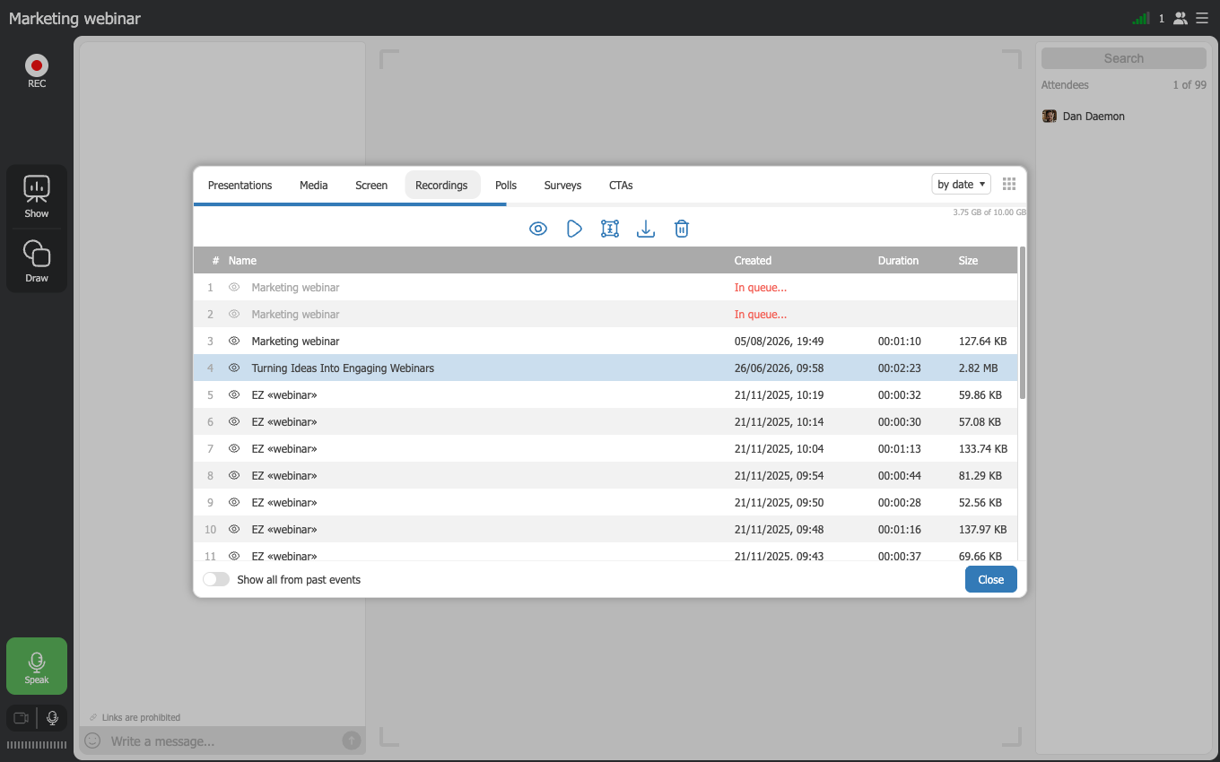 The Recordings tab of the room materials panel, with two recordings still in the processing queue