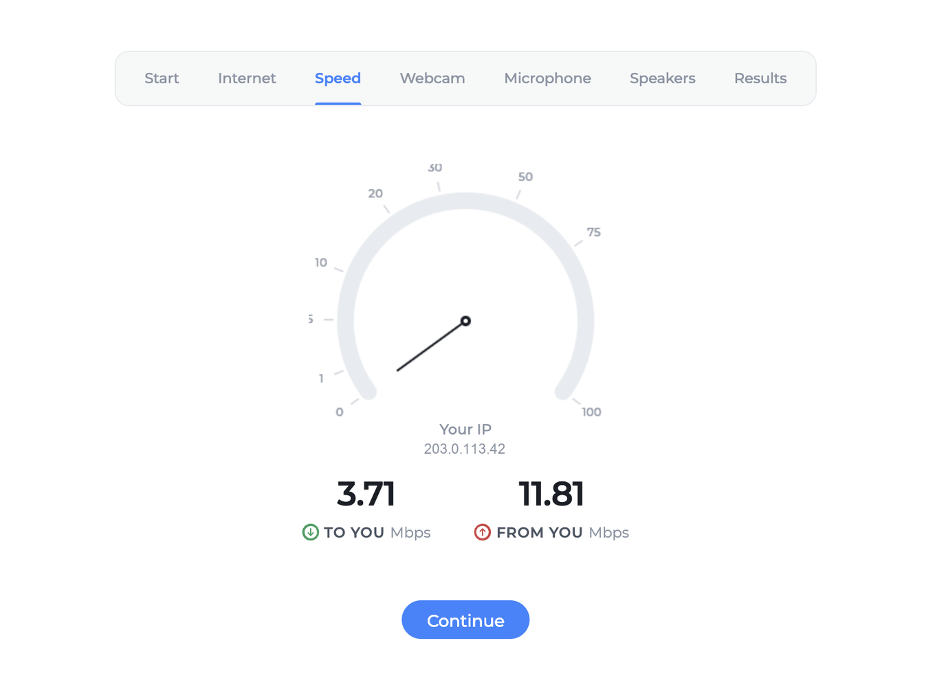 The tester showing measured download and upload speeds for the connection