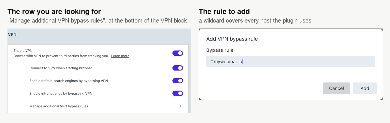 De regel Manage additional VPN bypass rules in de VPN-instellingen van Opera, naast het venster Add VPN bypass rule met een jokerteken erin getypt