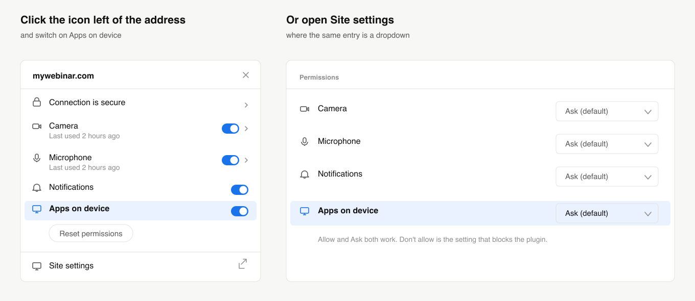 The Chrome panel behind the icon in the address bar with the Apps on device switch turned on, beside the same entry on the Site settings page set to Ask (default)