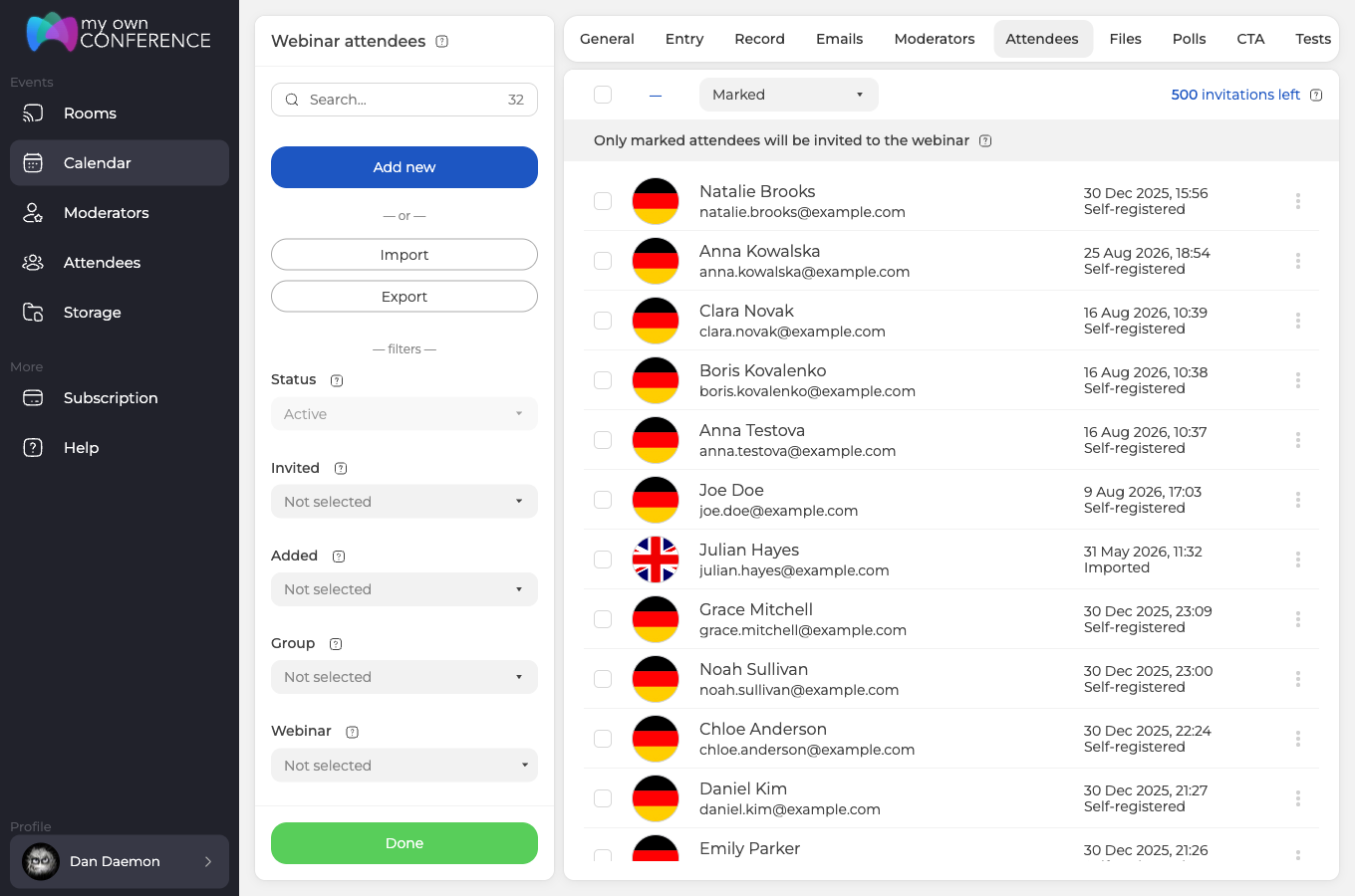 The Attendees tab of the webinar settings with buttons to add, import and export contacts, filters on the left and the list of registered attendees