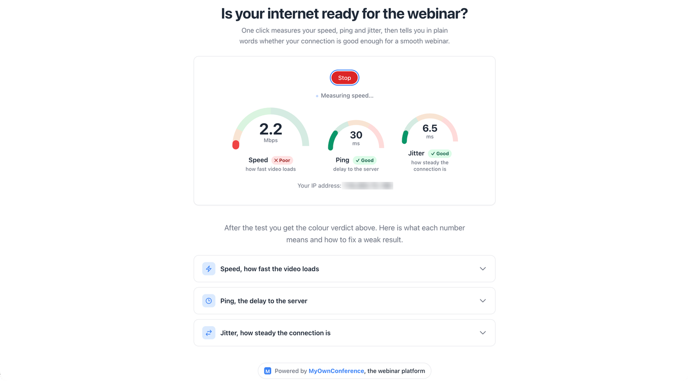 The attendee connection check page measuring speed, ping and jitter, with a Stop button and a verdict under each result