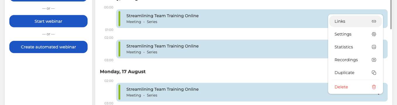 Il menu del webinar con Link, Impostazioni, Statistiche, Registrazioni, Duplica ed Elimina