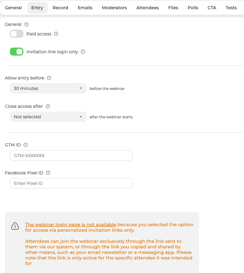 The Entry tab with Invitation link login only switched on and the notice it produces
