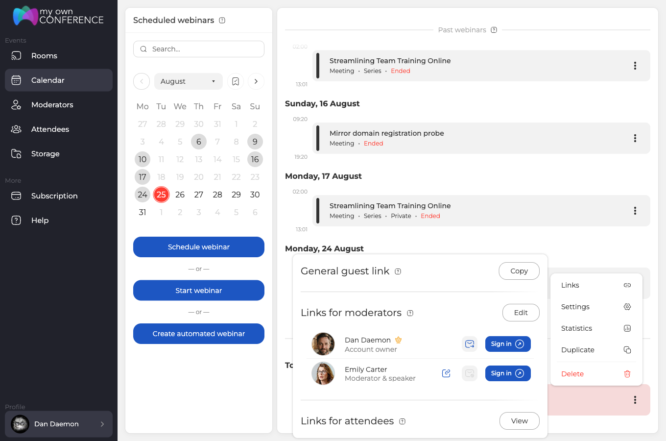 Okno z linkami dostępu do webinaru dla gości i prelegentów