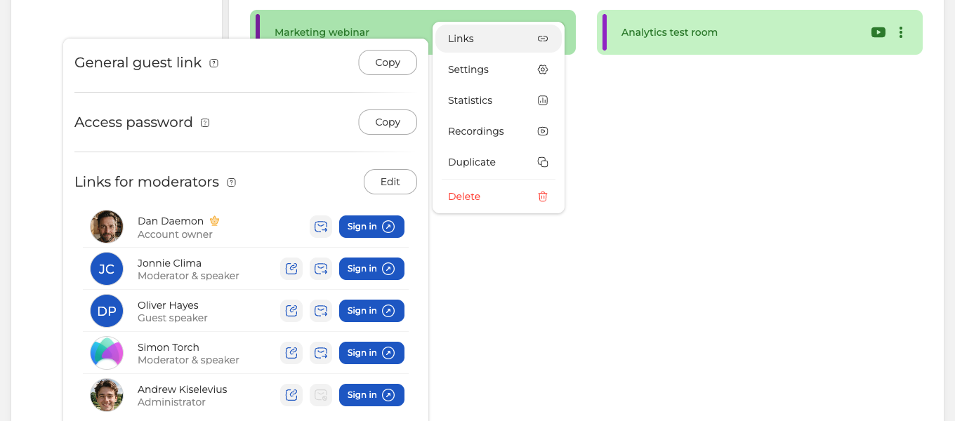 The room menu with Links chosen, and the panel it opens with the guest link and the moderator rows