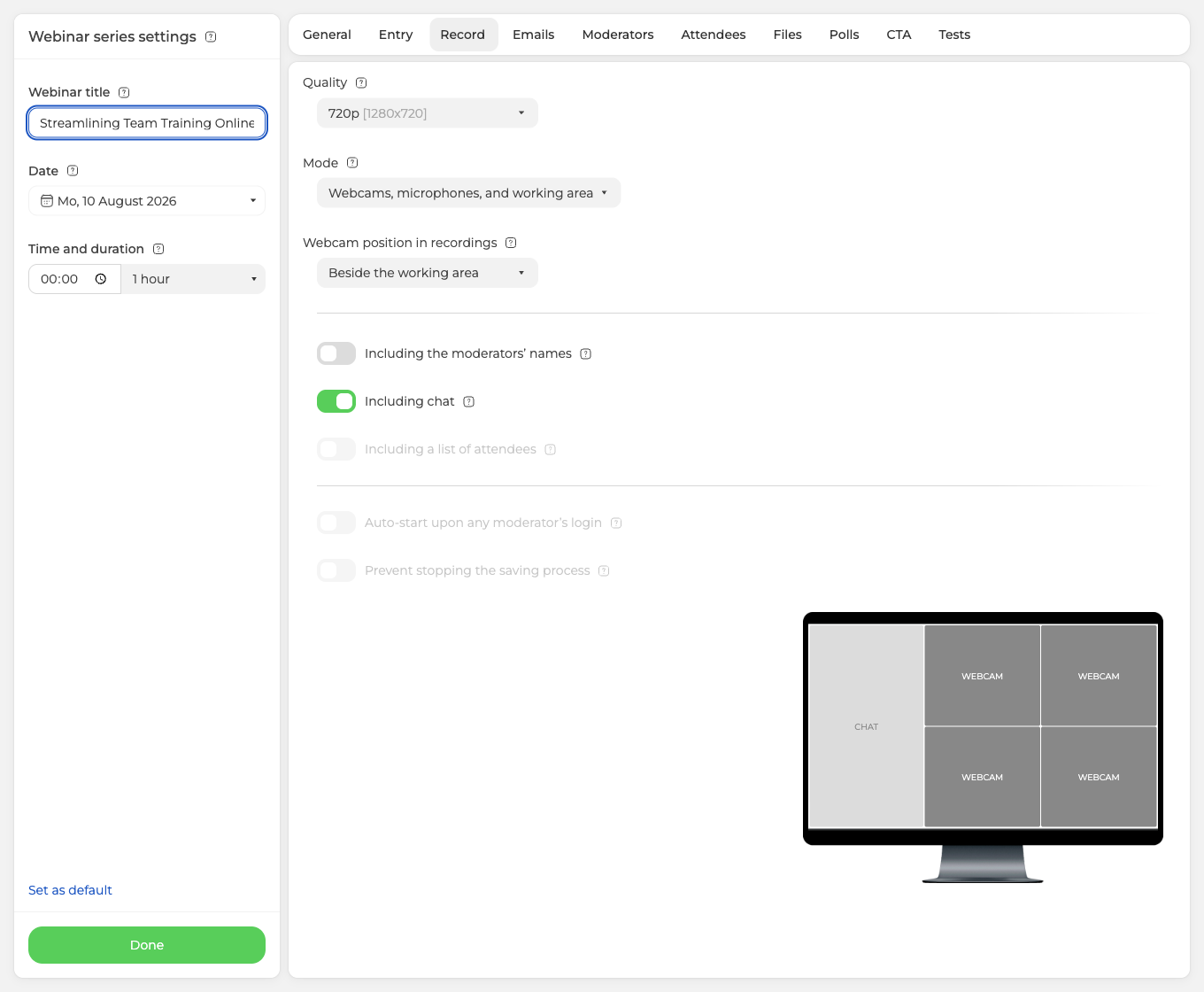 The Record tab with quality, mode, webcam position, the recording toggles and the live preview