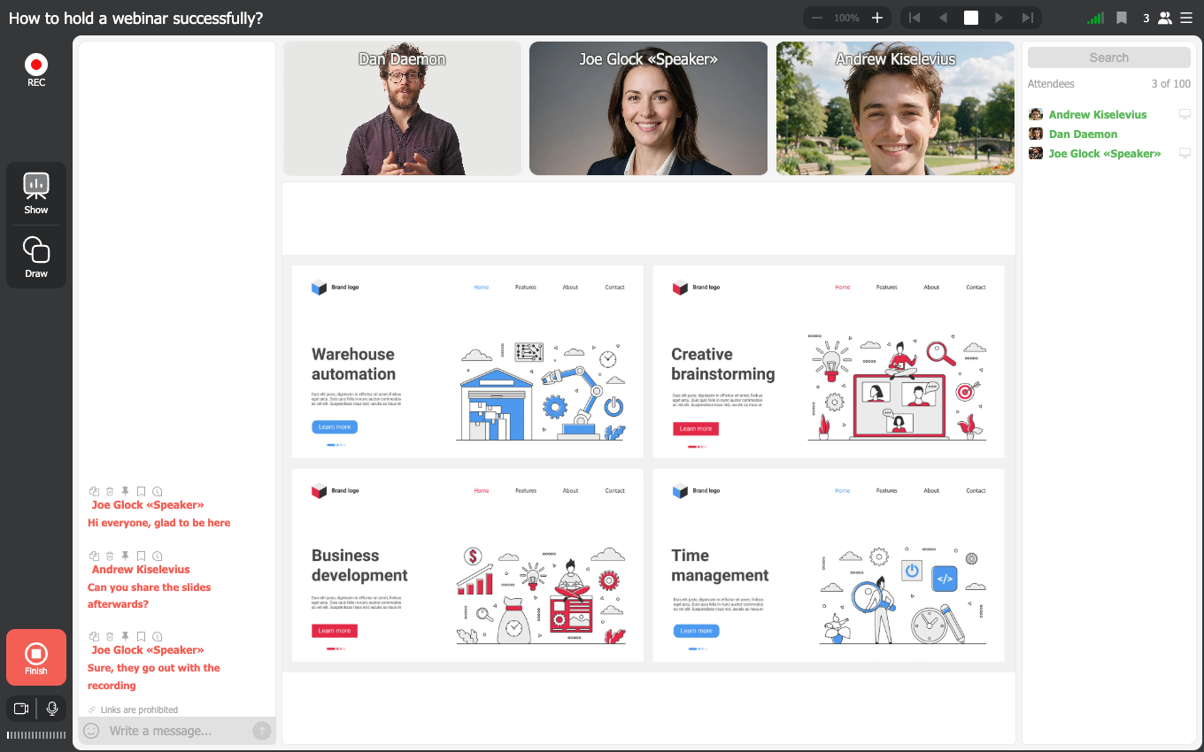 A live webinar room with three speakers on camera and the uploaded slides open in the workspace