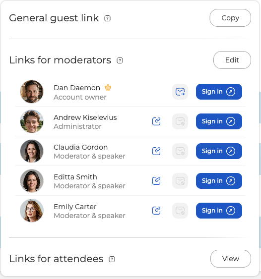 Die Linkübersicht mit dem allgemeinen Gast-Link und den Links für Moderatoren