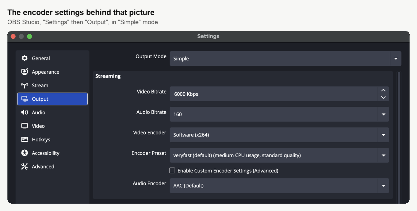 Die Seite Output in den Einstellungen von OBS Studio im Modus Simple, mit einer Videobitrate von 6000 Kbps, dem Software-Encoder x264 auf der Vorgabe veryfast und AAC-Ton auf 160