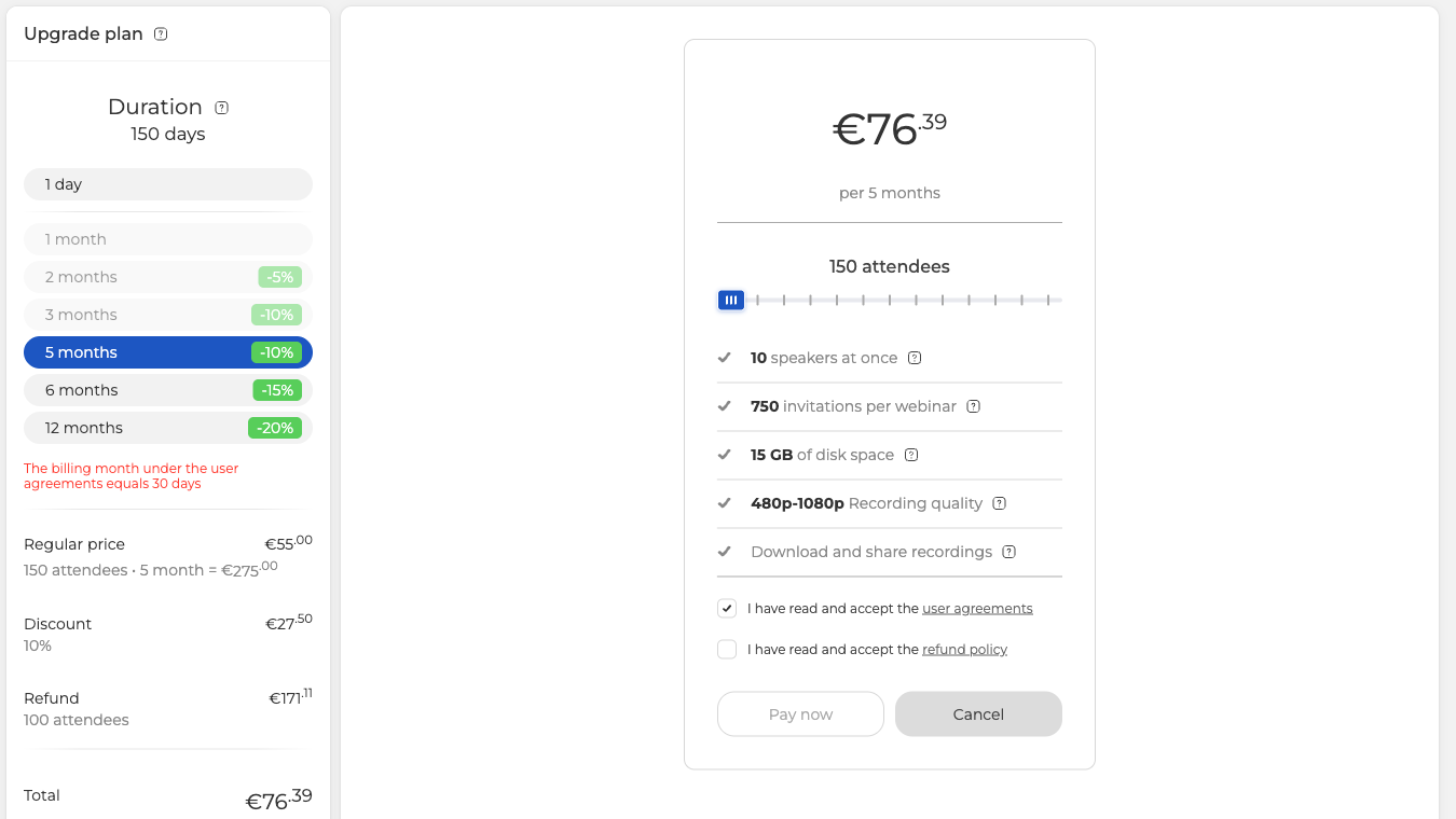 Die Bezahlseite beim Upgrade mit der Liste der Laufzeiten, der Aufschlüsselung des Preises und dem Schieberegler für die Teilnehmer