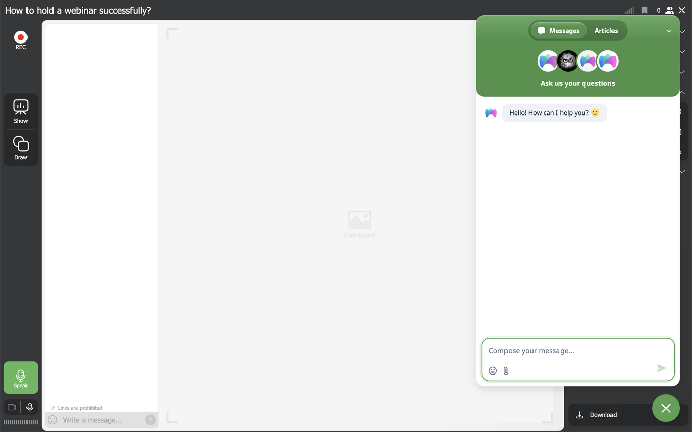 Der Support-Chat im Webinarraum, über den Bedienelementen des Raums