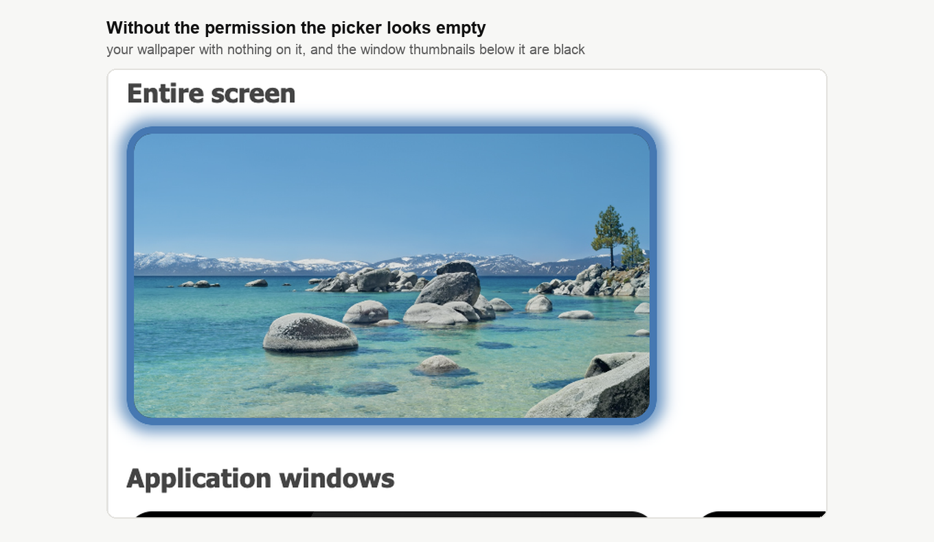 Without the permission the Screen tab shows the desktop wallpaper with no windows on it and black rectangles under Application windows
