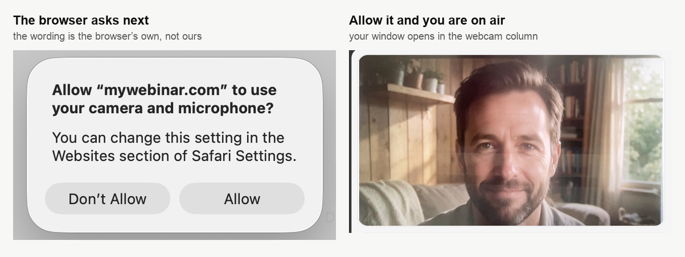 Safari che chiede se consentire a mywebinar.com di usare camera e microfono, accanto alla finestra del partecipante una volta che è in onda