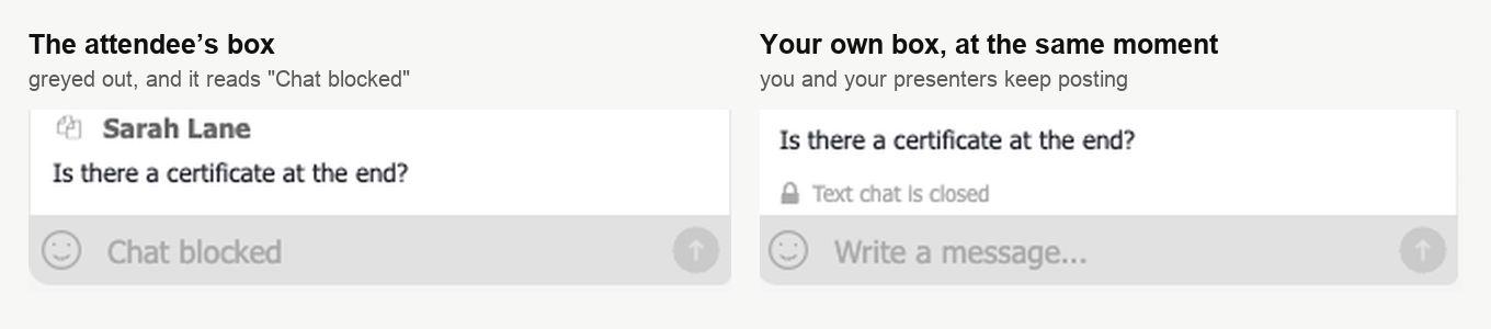 El campo apagado de un asistente con el texto «Chat bloqueado», y al lado el campo del propio moderador en ese instante, que sigue invitando a escribir un mensaje