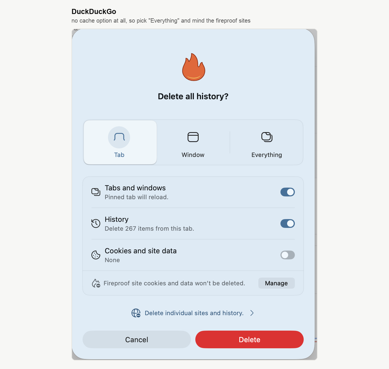 Окно Delete all history в DuckDuckGo с областями Tab, Window и Everything и переключателями для вкладок, истории и куки