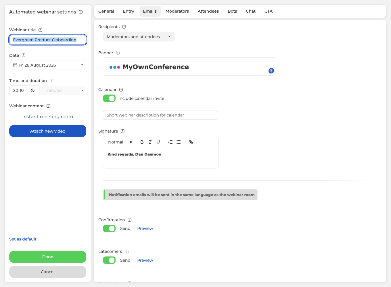 The Emails tab of the webinar settings, with the mailing banner, the signature editor and the reminder toggles