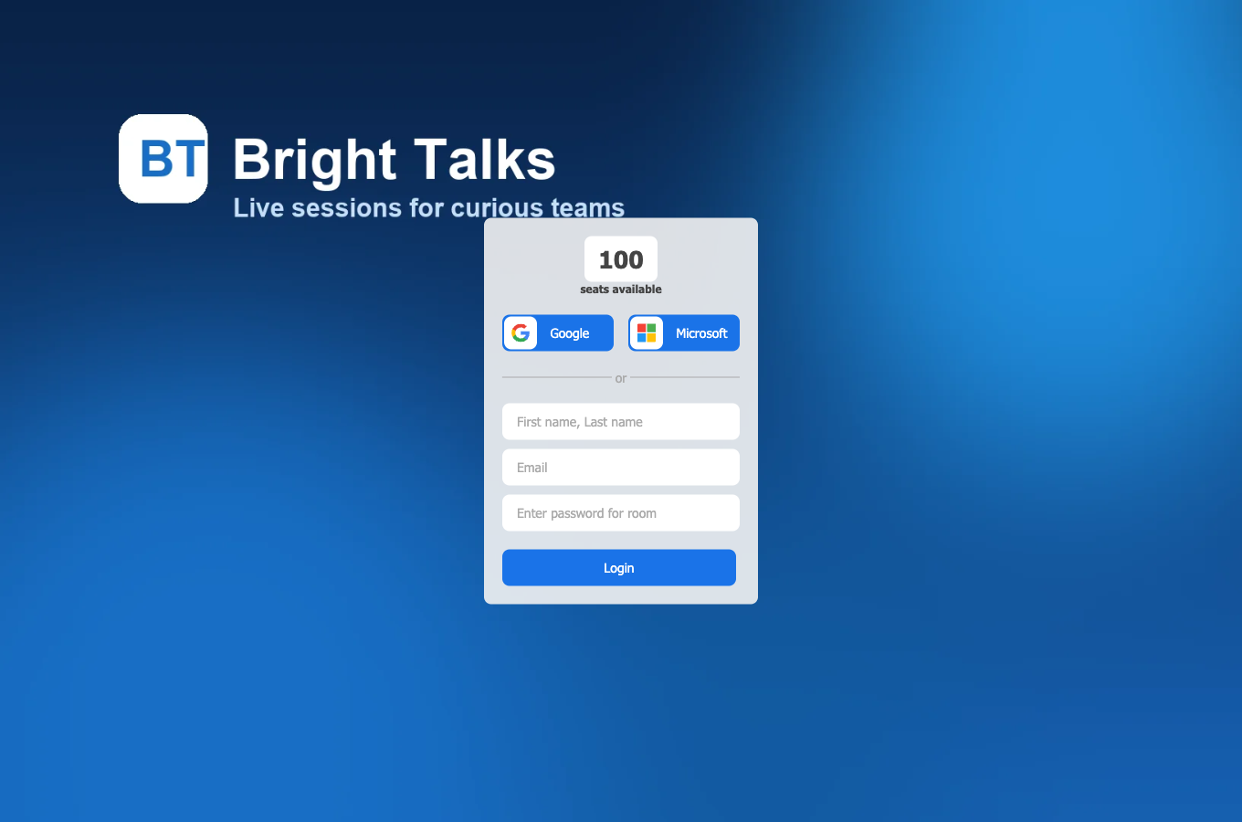 Брендированная страница входа с логотипом и названием Bright Talks на фоновом изображении, счётчиком свободных мест, кнопками Google и Microsoft и полями имени, почты и пароля