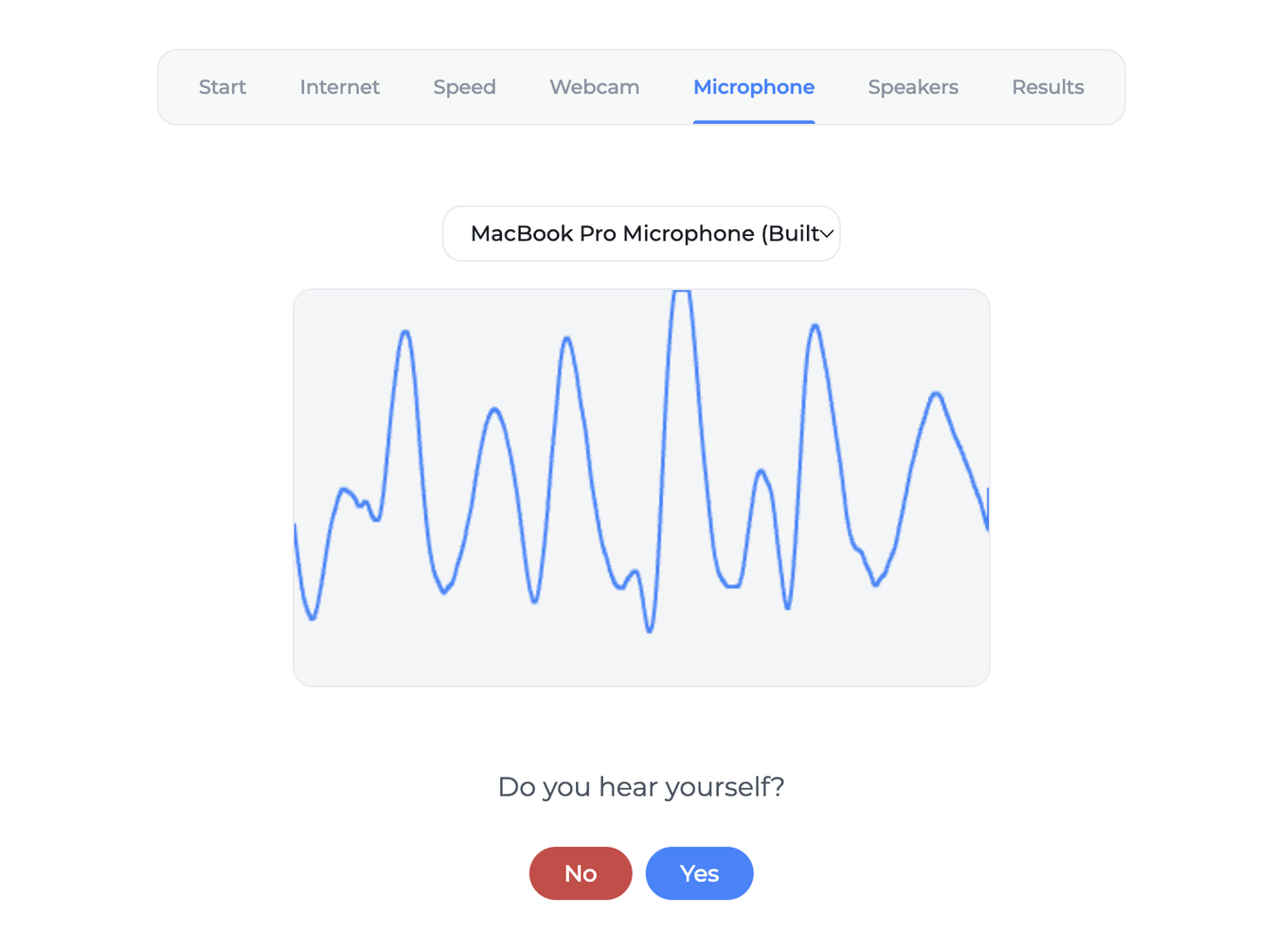 The tester showing the microphone input level responding to your voice