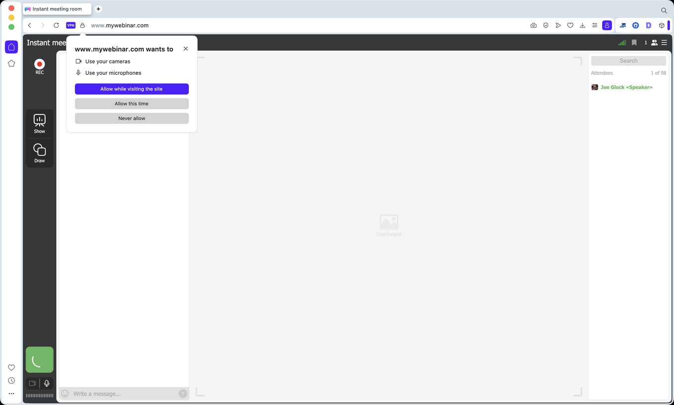 Opera fragt nach den Kameras und Mikrofonen für www.mywebinar.com, mit der Liste der Optionen zum Erlauben