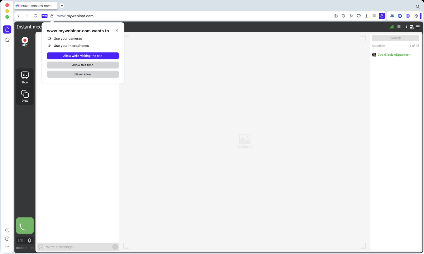 Opera fragt nach den Kameras und Mikrofonen für www.mywebinar.com, mit der Liste der Optionen zum Erlauben