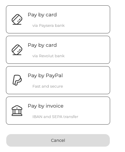 Die vier Zahlungswege, Karte über Paysera oder Revolut, PayPal und Rechnung per Überweisung