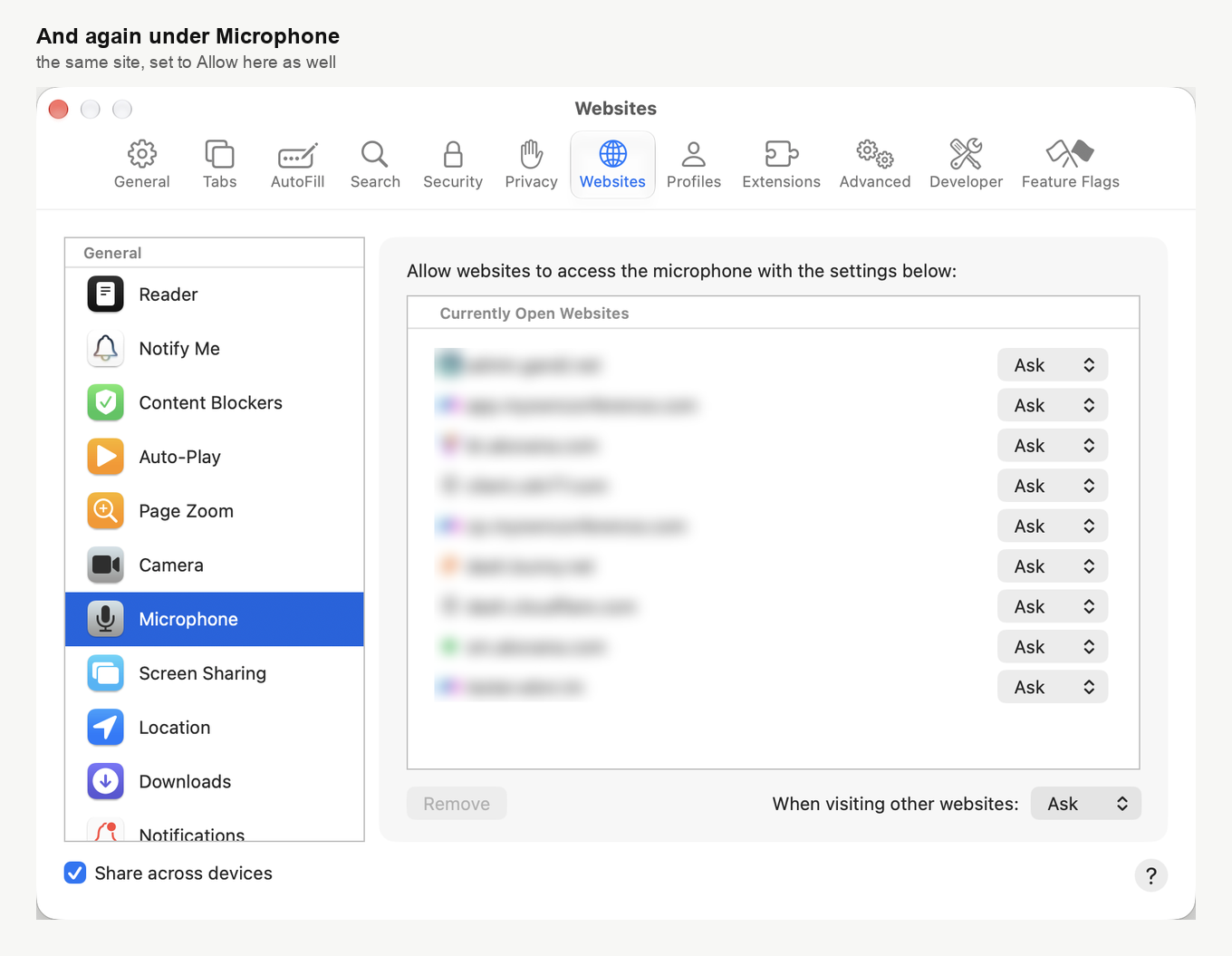 La misma pestaña «Sitios web» ("Websites") de los ajustes de Safari con «Micrófono» ("Microphone") seleccionado a la izquierda