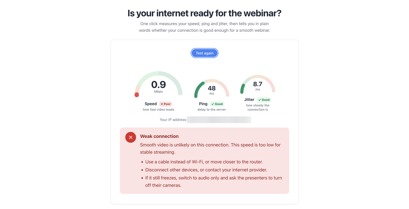 A connection check result with poor speed, good ping and jitter, and a weak connection warning listing what to try
