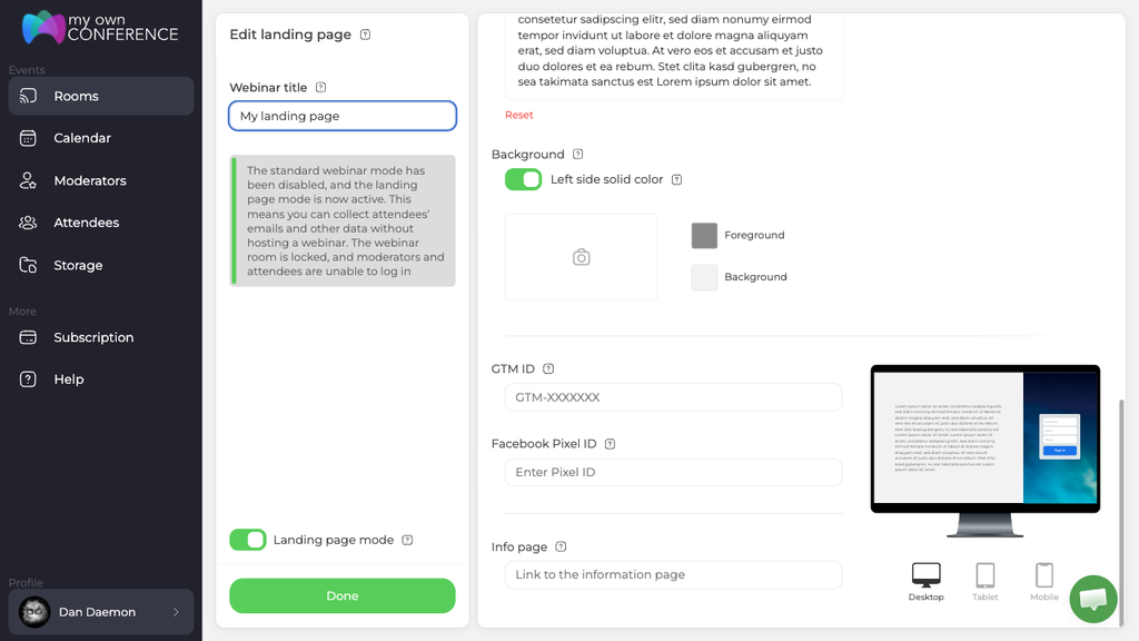Налаштування фону з вибором кольору та поля ID GTM, Facebook Pixel ID та інформаційної сторінки
