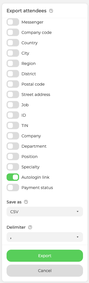The export panel with the Autologin link field switched on above the format settings