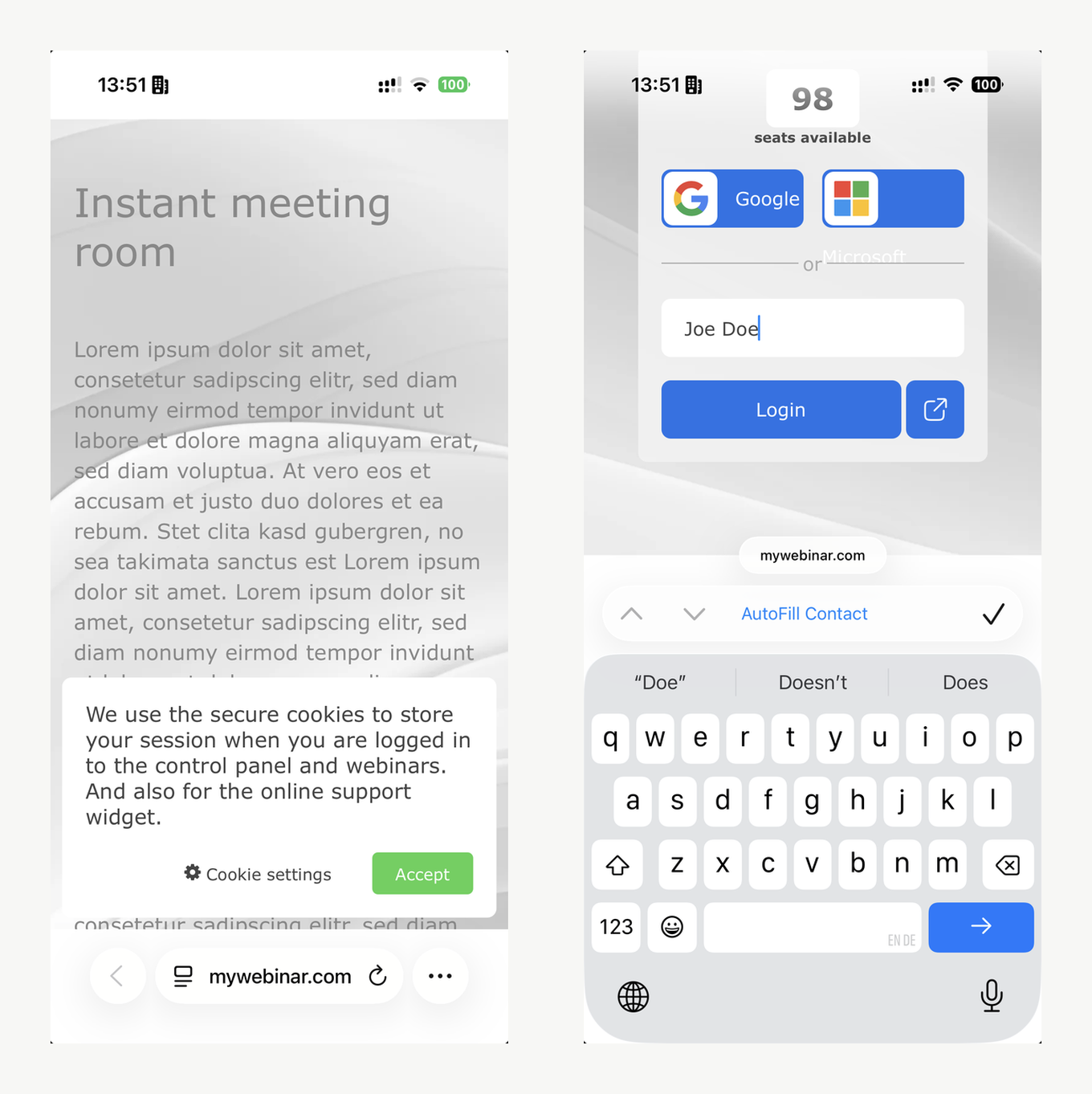 L'informativa sui cookie e il modulo di ingresso come si vedono su un telefono