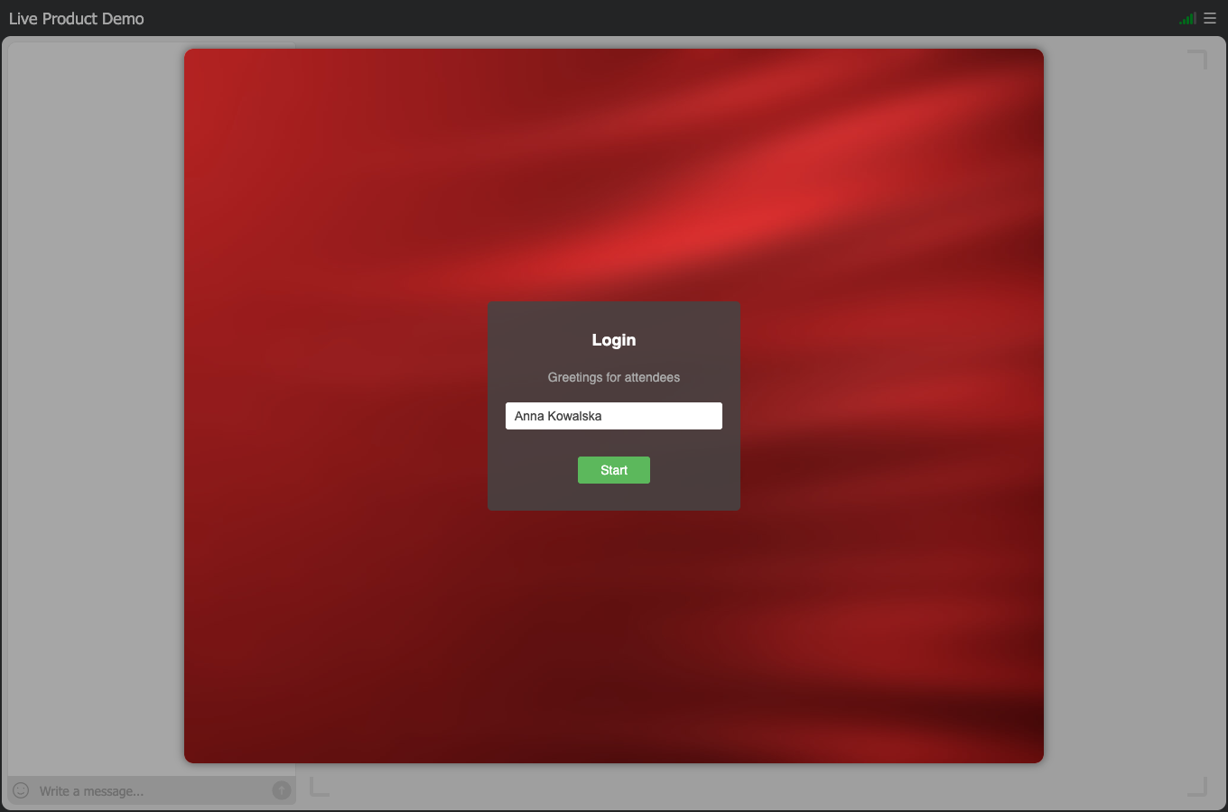 Okno testu w pokoju webinarowym z polem na dane uczestnika