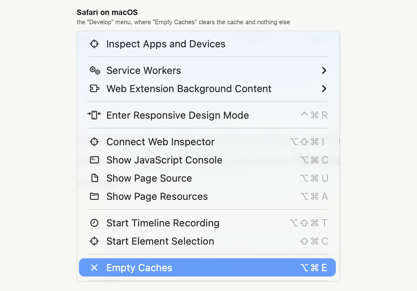 Меню Develop в Safari с подсвеченным пунктом Empty Caches и сочетанием Option Command E