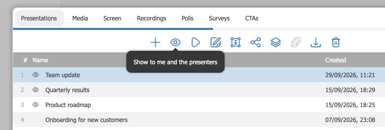 El panel de materiales tras compartir una presentación, con un ojo pequeño delante de su nombre y el aviso «Disponible para todos los presentadores» ("Show to me and the presenters") sobre el ojo abierto