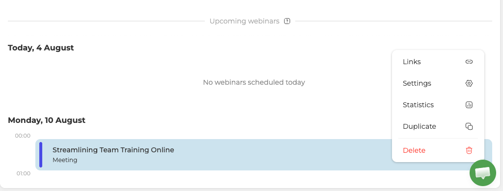 Das Menü eines Webinars mit dem Punkt „Duplizieren“