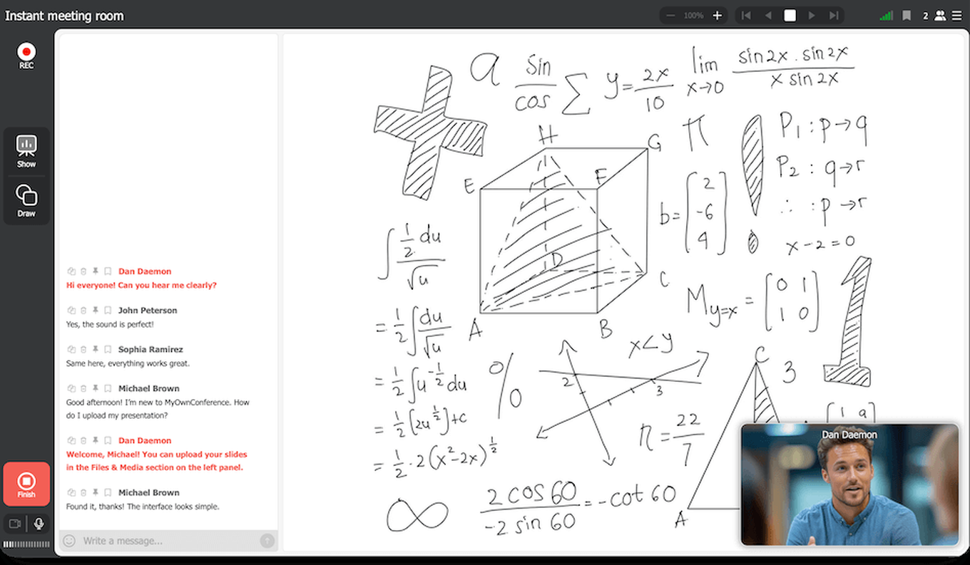 Presenter camera overlaid on the bottom-right corner of the working area