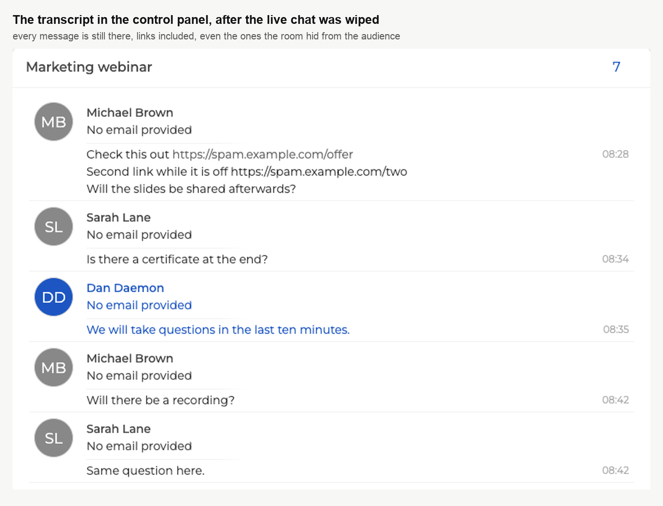 La pestaña «Chat» de «Perspectivas del webinar», con cada mensaje del evento, su remitente y su hora, incluidas las direcciones que la audiencia no vio durante la transmisión