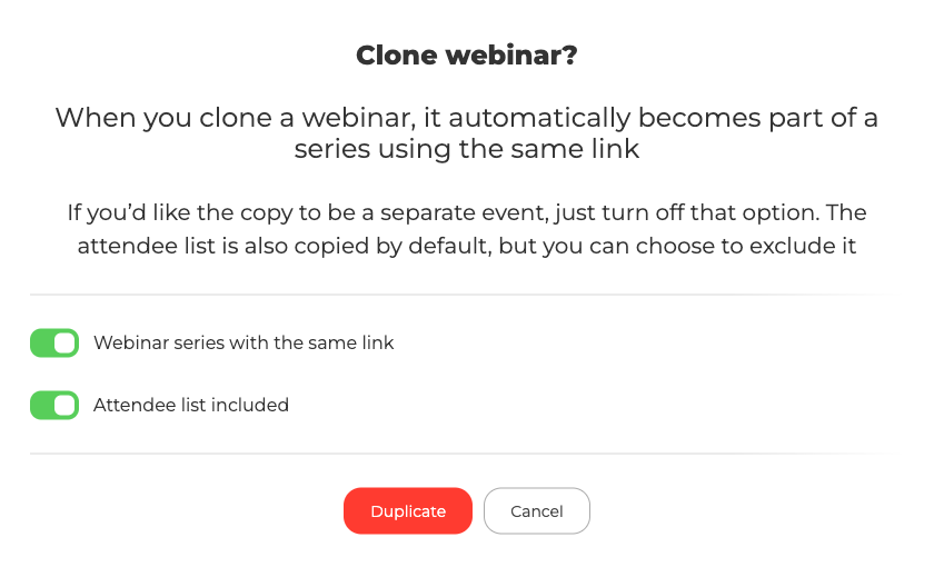 Das Fenster zum Klonen eines Webinars mit den Schaltern für Reihe und Teilnehmerliste