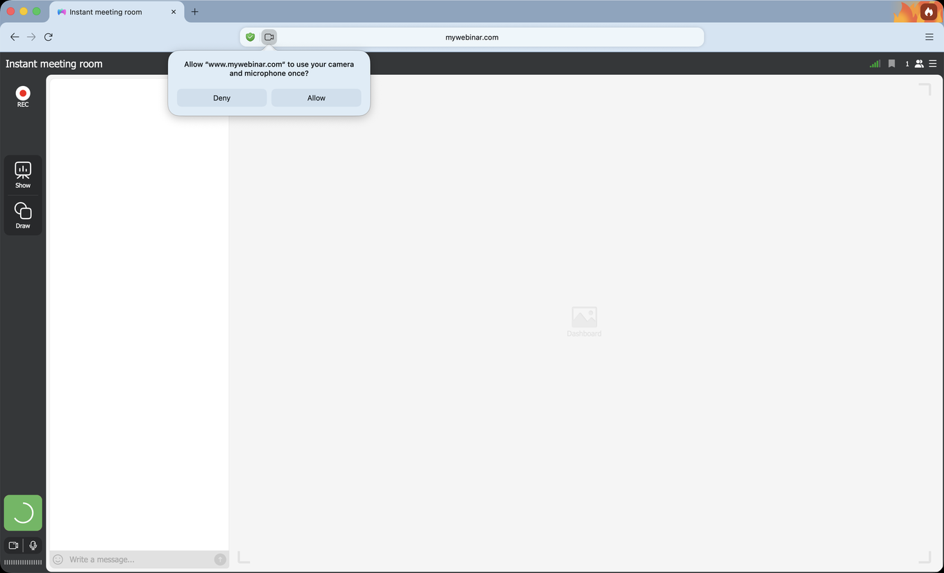 Der DuckDuckGo-Browser fragt, ob www.mywebinar.com Kamera und Mikrofon einmalig nutzen darf