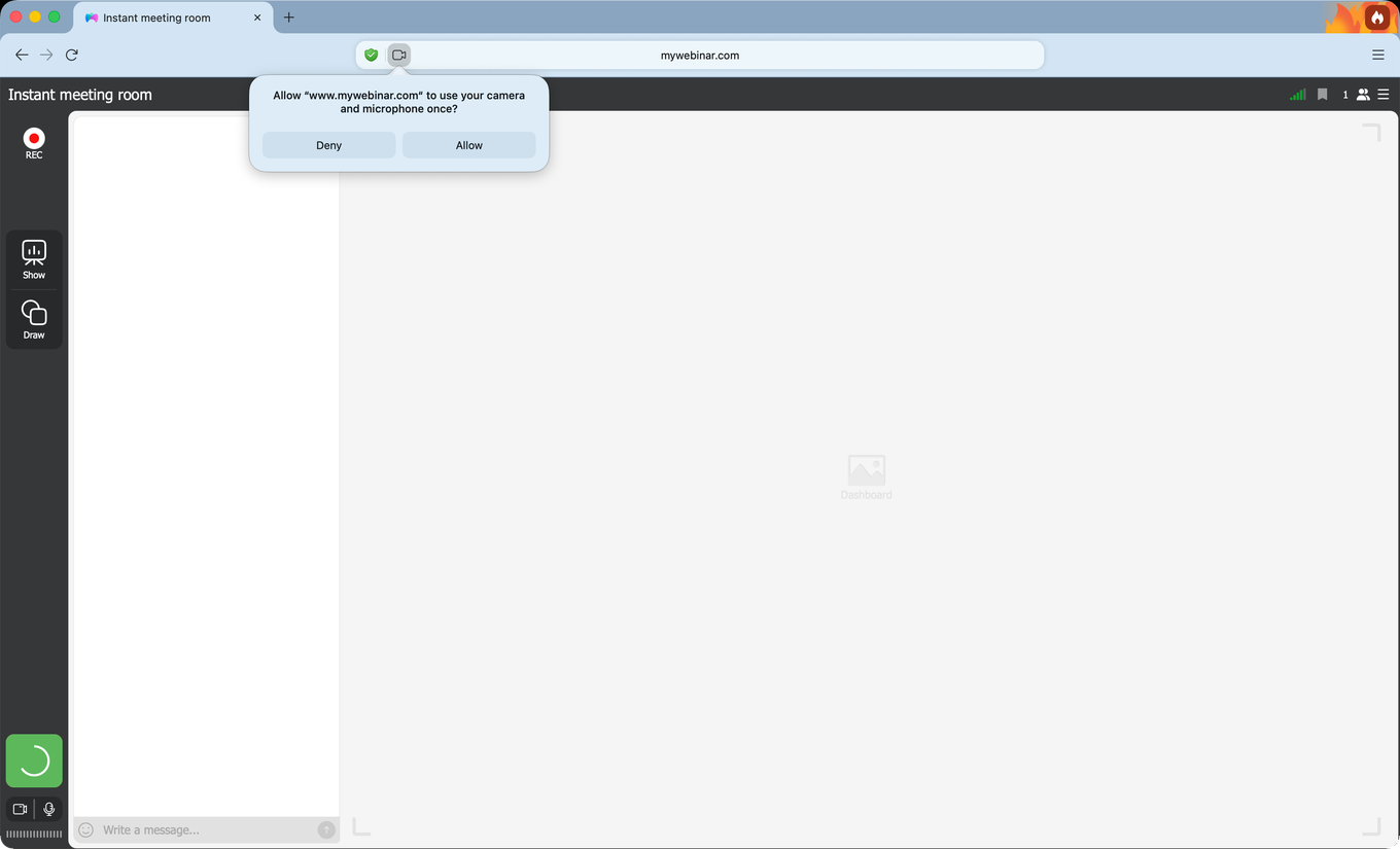 Der DuckDuckGo-Browser fragt, ob www.mywebinar.com Kamera und Mikrofon einmalig nutzen darf