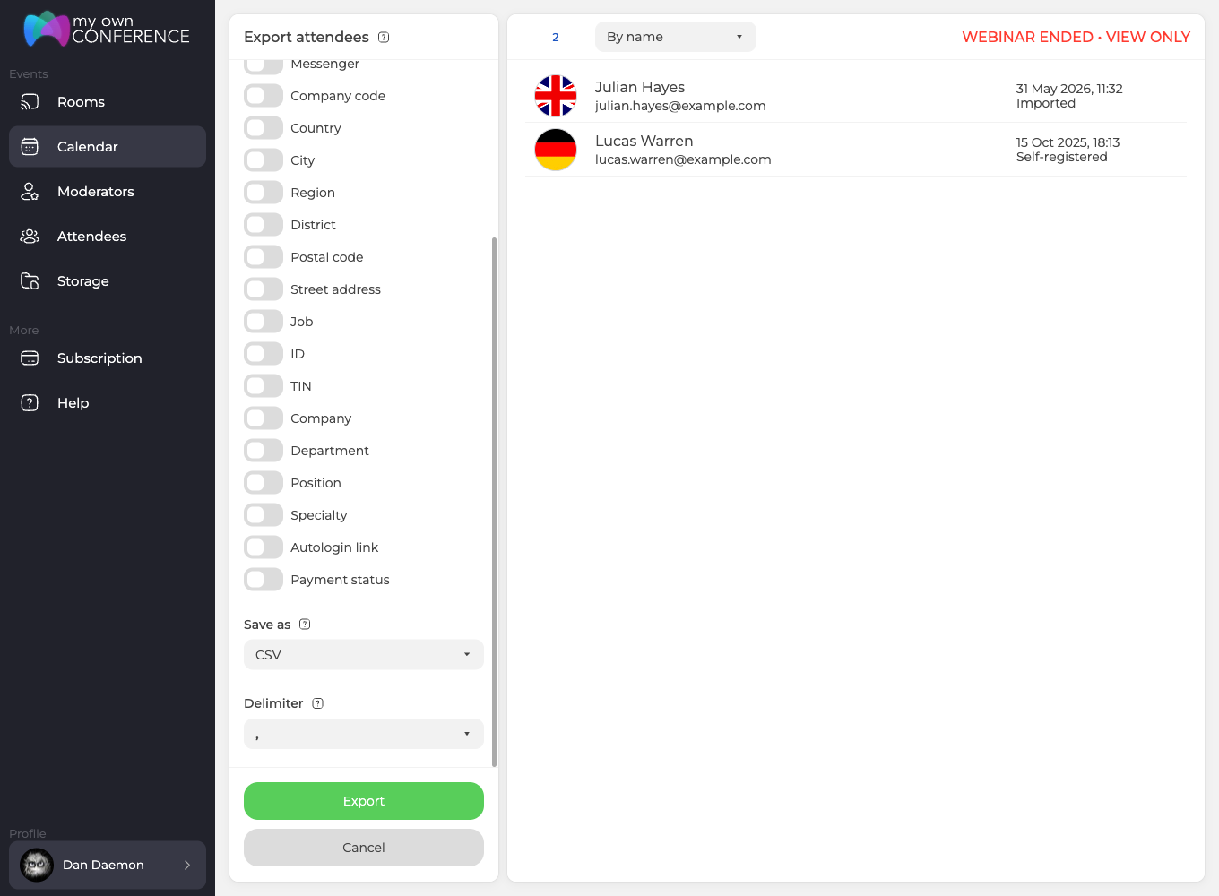 Das Exportfenster mit der Feldliste, dem Dateiformat und dem Trennzeichen