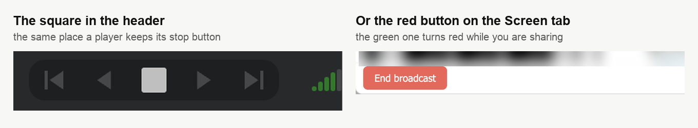 The white stop square in the room header, beside the red End broadcast button on the Screen tab