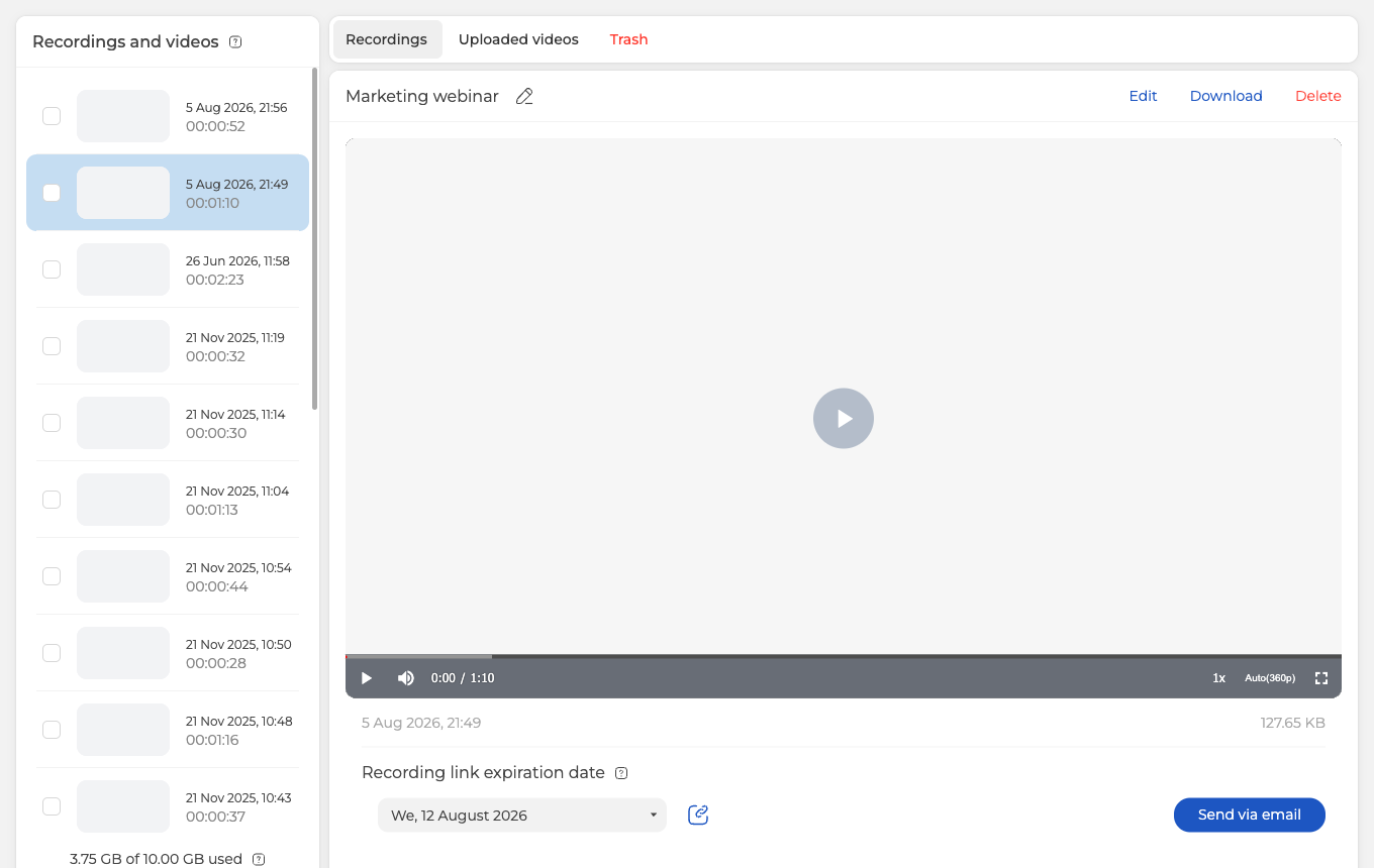 The recording page with the player, the expiration date of the link and the send button