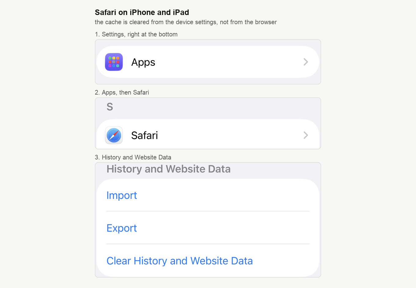 Три шага в настройках iOS, от пункта Apps к Safari и дальше к Clear History and Website Data