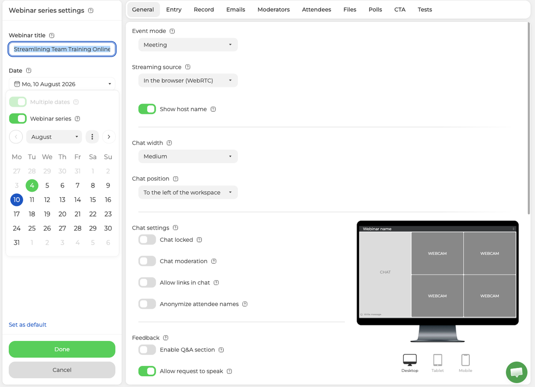 Das geklonte Webinar öffnet sich mit bereits aktivem Reihenmodus