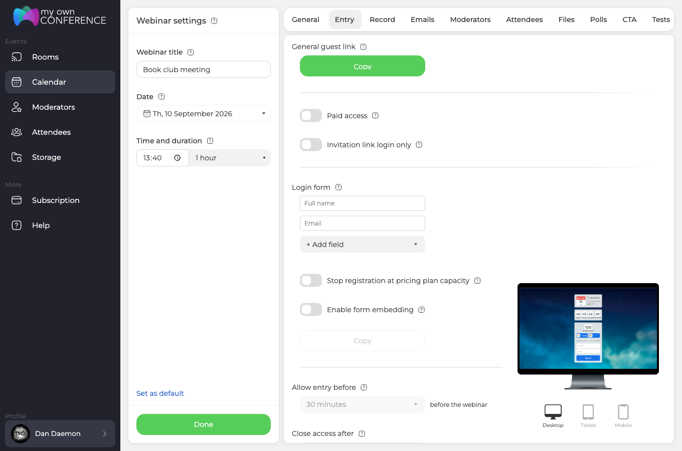 Karta Entry w ustawieniach webinaru z zielonym przyciskiem kopiowania linku gościa, przełącznikami dostępu i formularzem logowania uczestnika